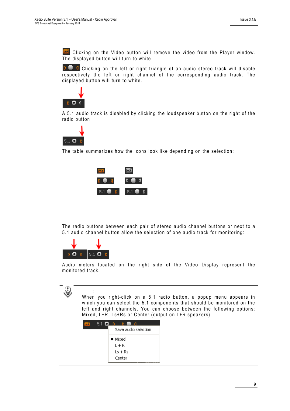 Video and audio selection, Audio monitoring selection | EVS Xedio Approval Version 3.1 - January 2011 User Manual User Manual | Page 14 / 32