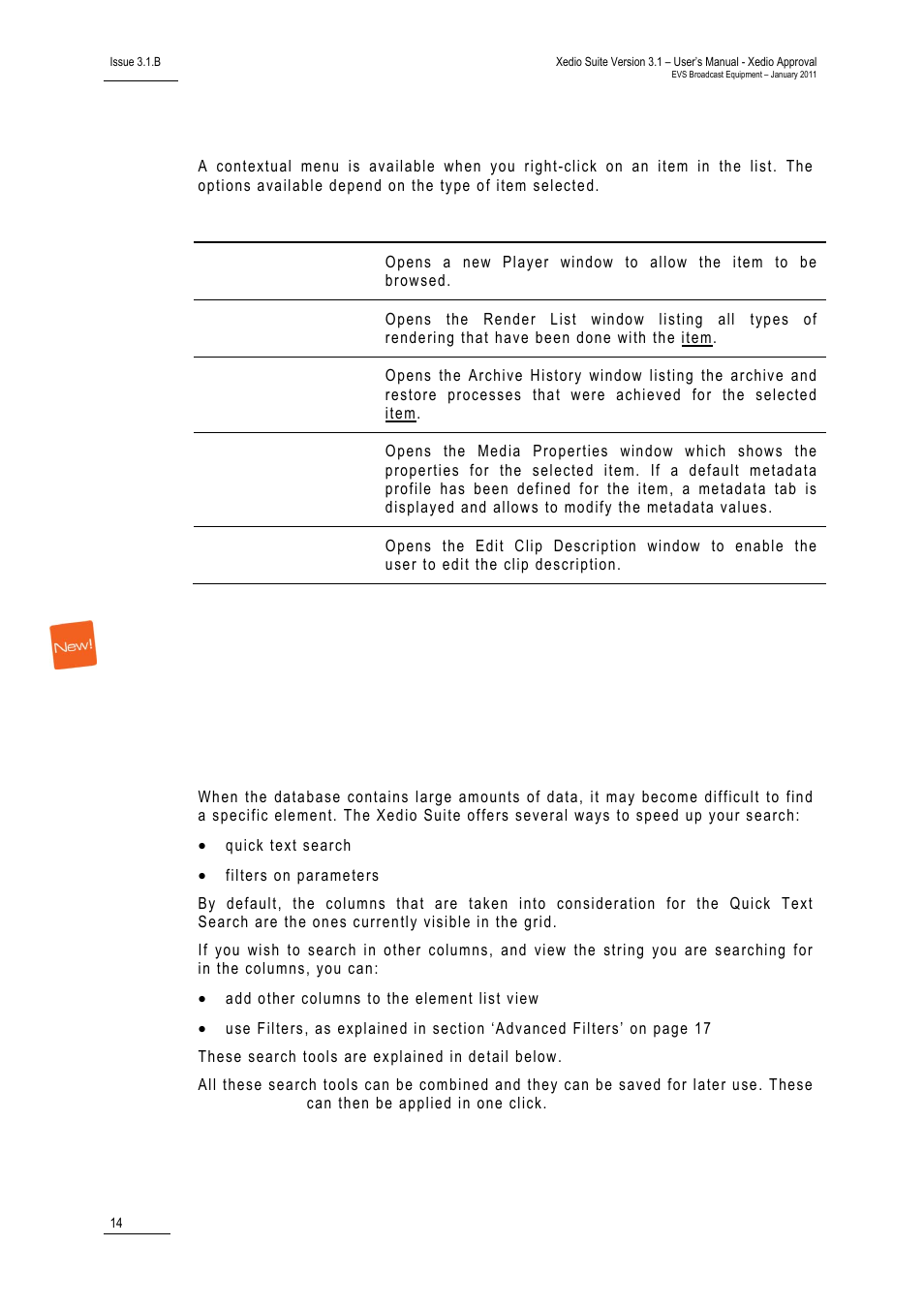 Element list contextual menu, Using filters to search the database, 1 introduction | Introduction, 3 using filters to search the database, Ntroduction | EVS Xedio Approval Version 3.1 - January 2011 User Manual User Manual | Page 19 / 32