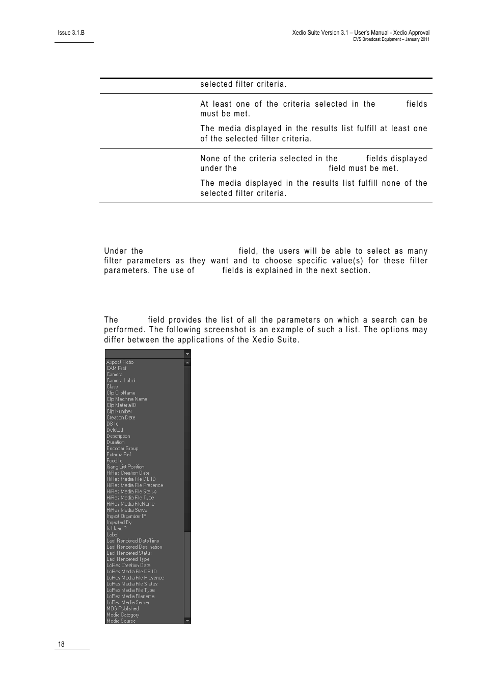 Filter fields, Ilter, Ields | EVS Xedio Approval Version 3.1 - January 2011 User Manual User Manual | Page 23 / 32