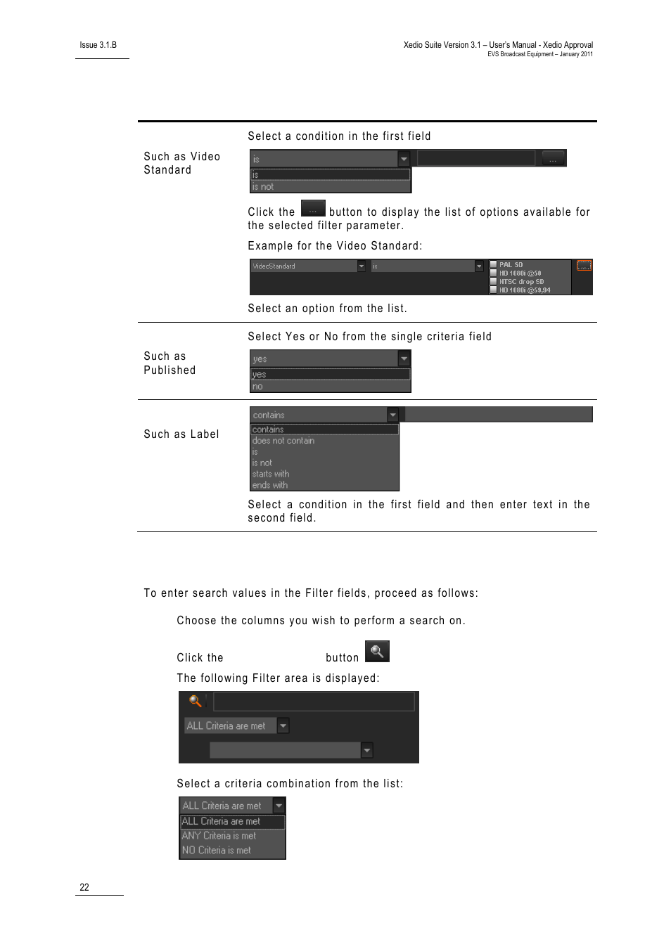 How to perform a search through filter fields | EVS Xedio Approval Version 3.1 - January 2011 User Manual User Manual | Page 27 / 32