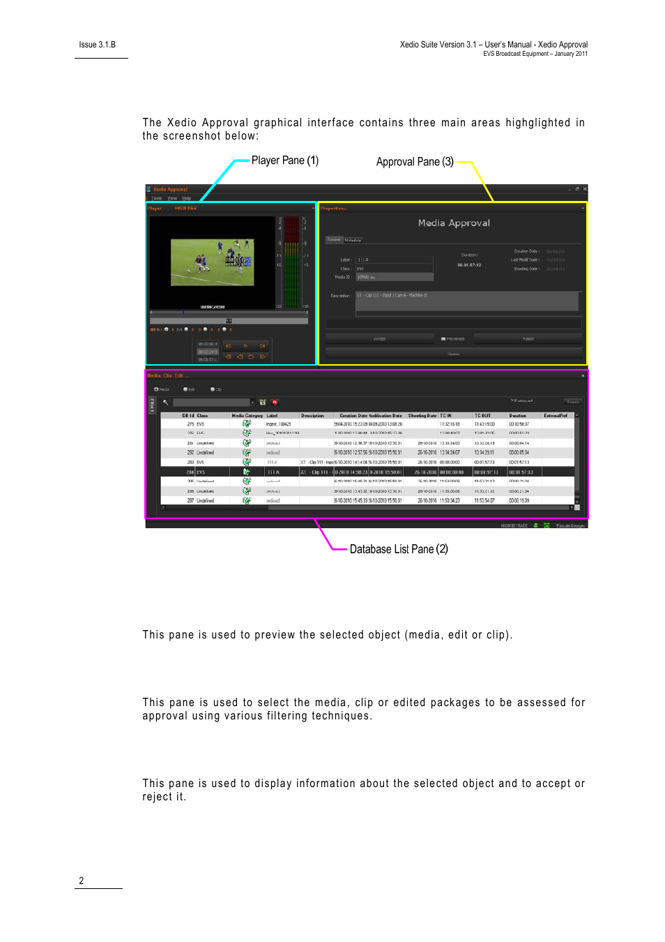 2 overview of the xedio approval window, The player pane, The database list | The approval pane, Overview of the xedio approval window | EVS Xedio Approval Version 3.1 - January 2011 User Manual User Manual | Page 7 / 32