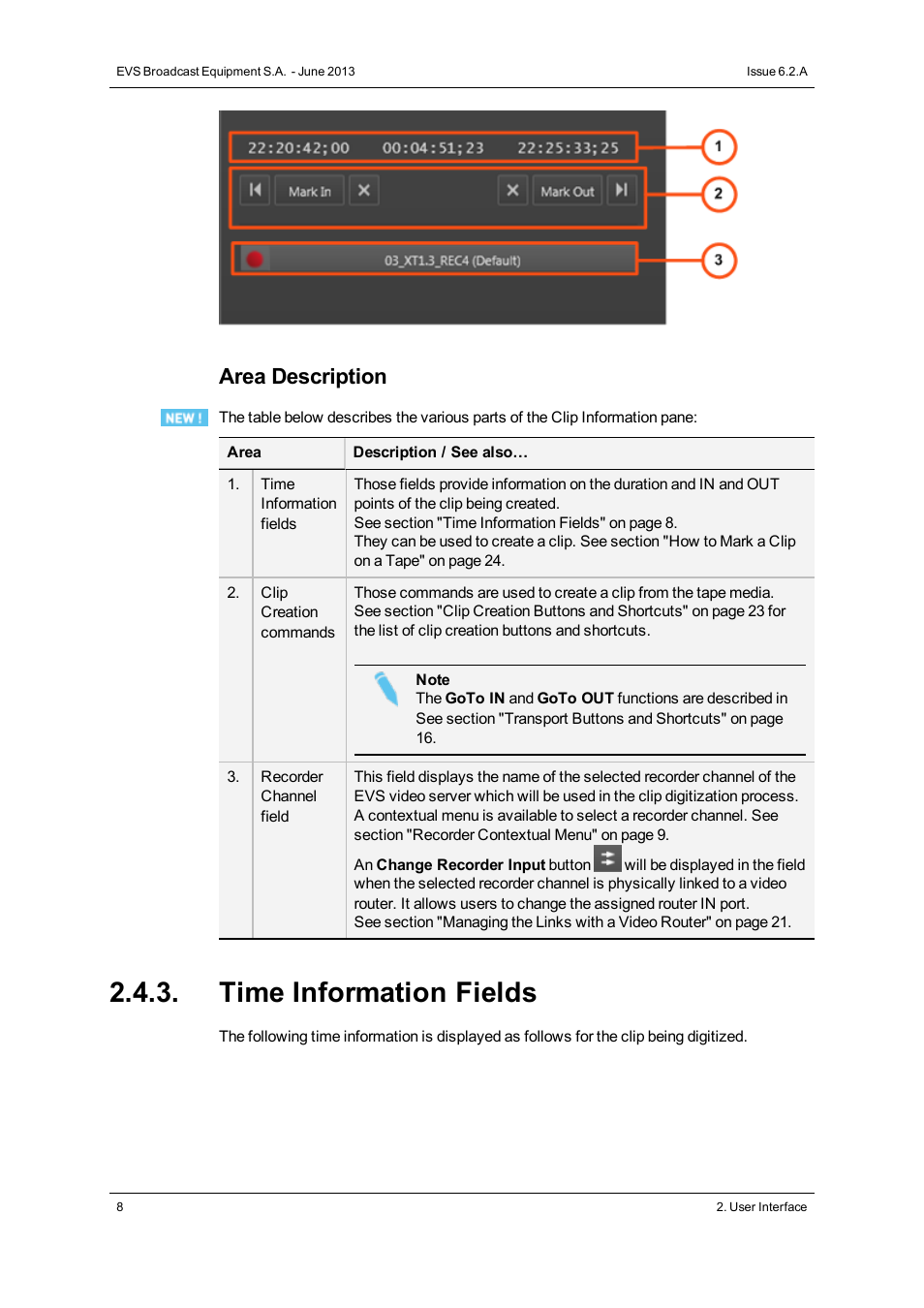 Time information fields, Area description | EVS IPDirector Version 6.2 - June 2013 VTR CONTROL PANEL User Manual User Manual | Page 16 / 38
