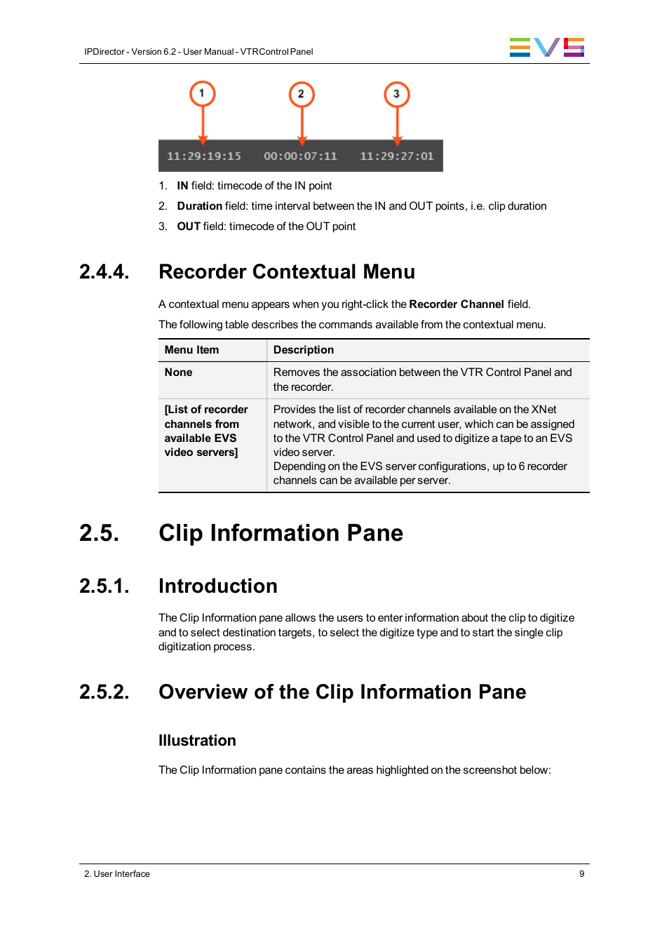 Recorder contextual menu, Clip information pane, Introduction | Overview of the clip information pane | EVS IPDirector Version 6.2 - June 2013 VTR CONTROL PANEL User Manual User Manual | Page 17 / 38