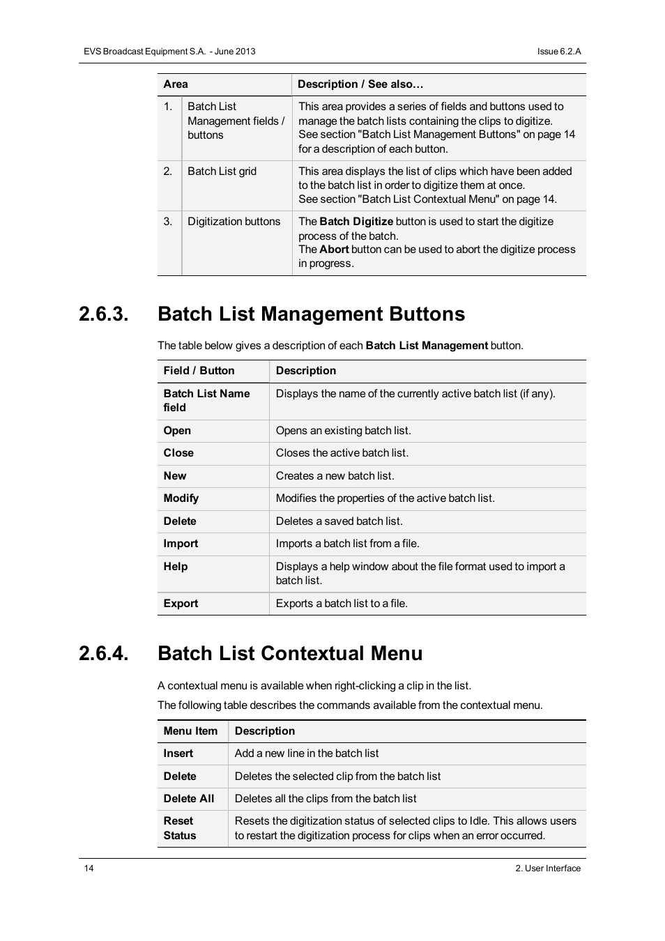 Batch list management buttons, Batch list contextual menu | EVS IPDirector Version 6.2 - June 2013 VTR CONTROL PANEL User Manual User Manual | Page 22 / 38