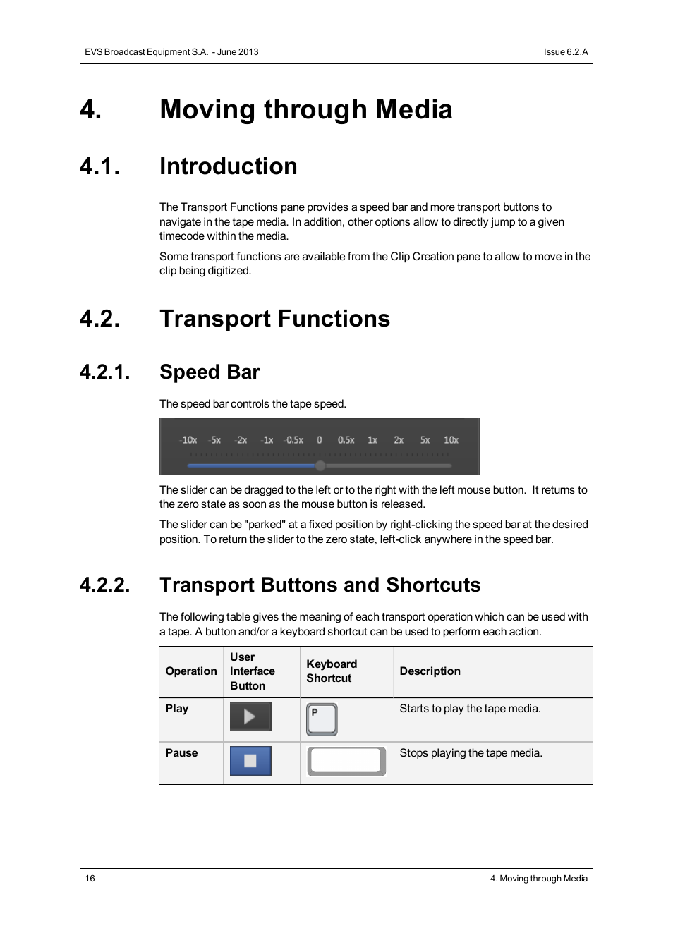 Moving through media, Introduction, Transport functions | Speed bar, Transport buttons and shortcuts | EVS IPDirector Version 6.2 - June 2013 VTR CONTROL PANEL User Manual User Manual | Page 24 / 38