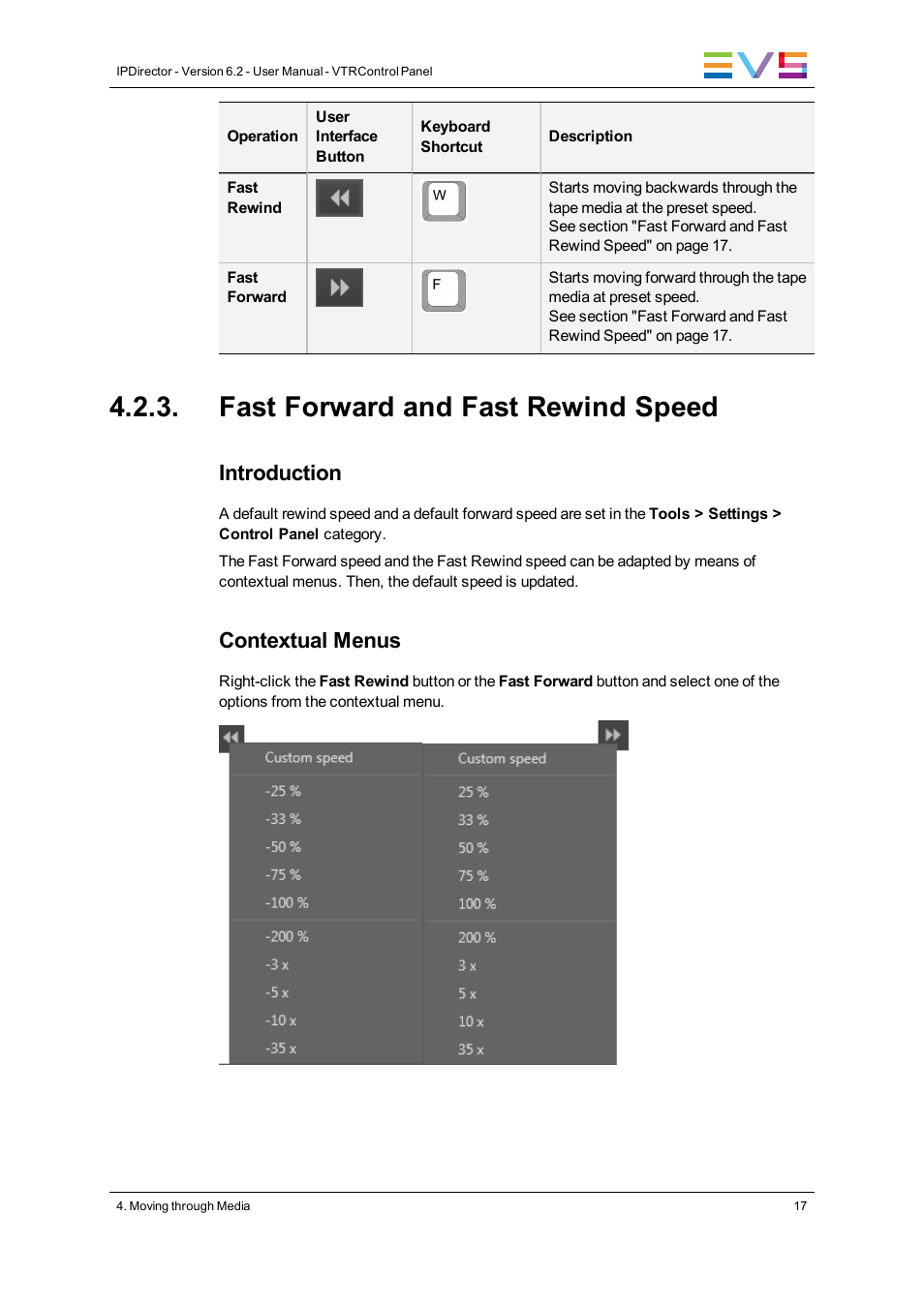 Fast forward and fast rewind speed, Introduction, Contextual menus | EVS IPDirector Version 6.2 - June 2013 VTR CONTROL PANEL User Manual User Manual | Page 25 / 38