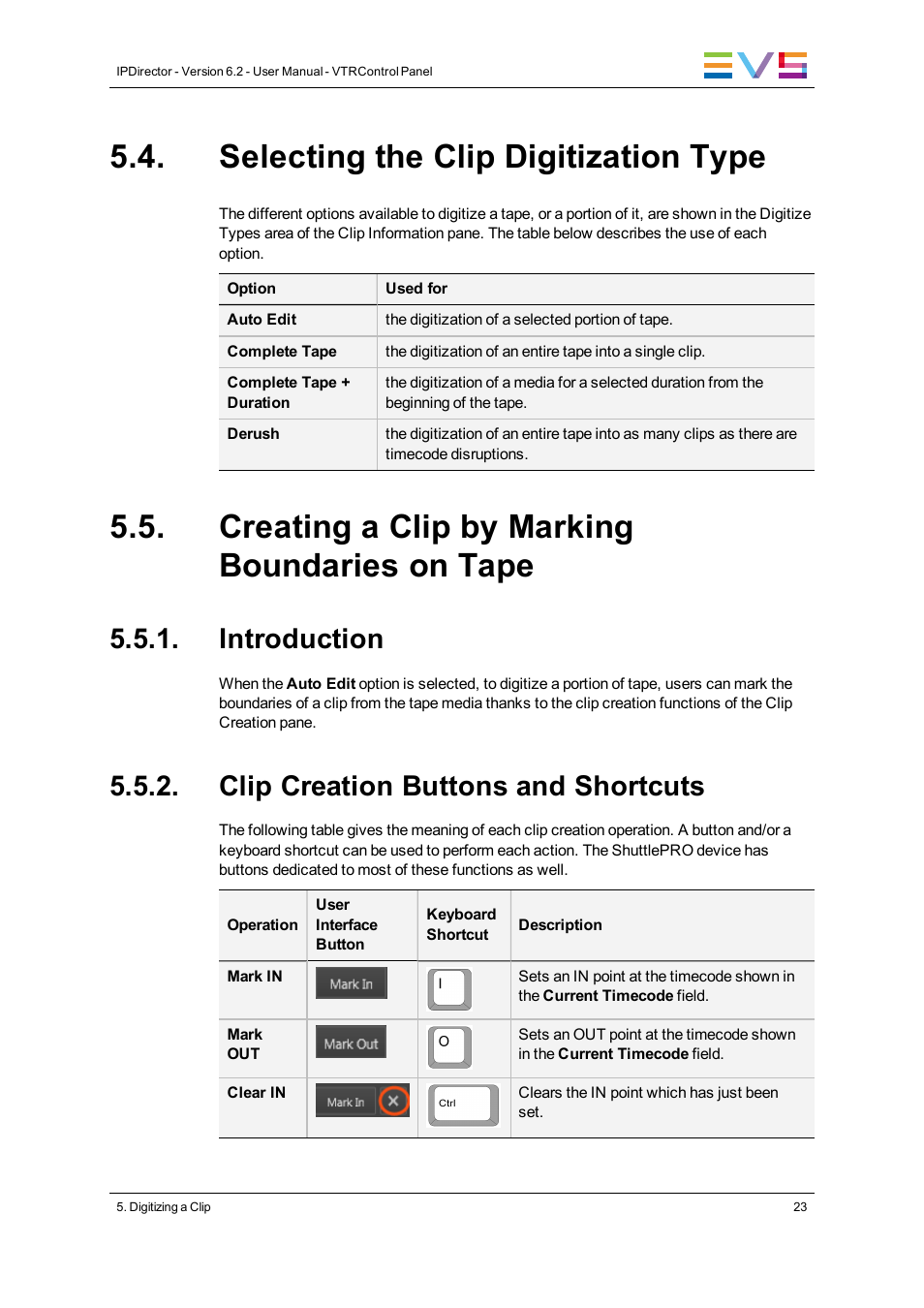 Selecting the clip digitization type, Creating a clip by marking boundaries on tape, Introduction | Clip creation buttons and shortcuts | EVS IPDirector Version 6.2 - June 2013 VTR CONTROL PANEL User Manual User Manual | Page 31 / 38