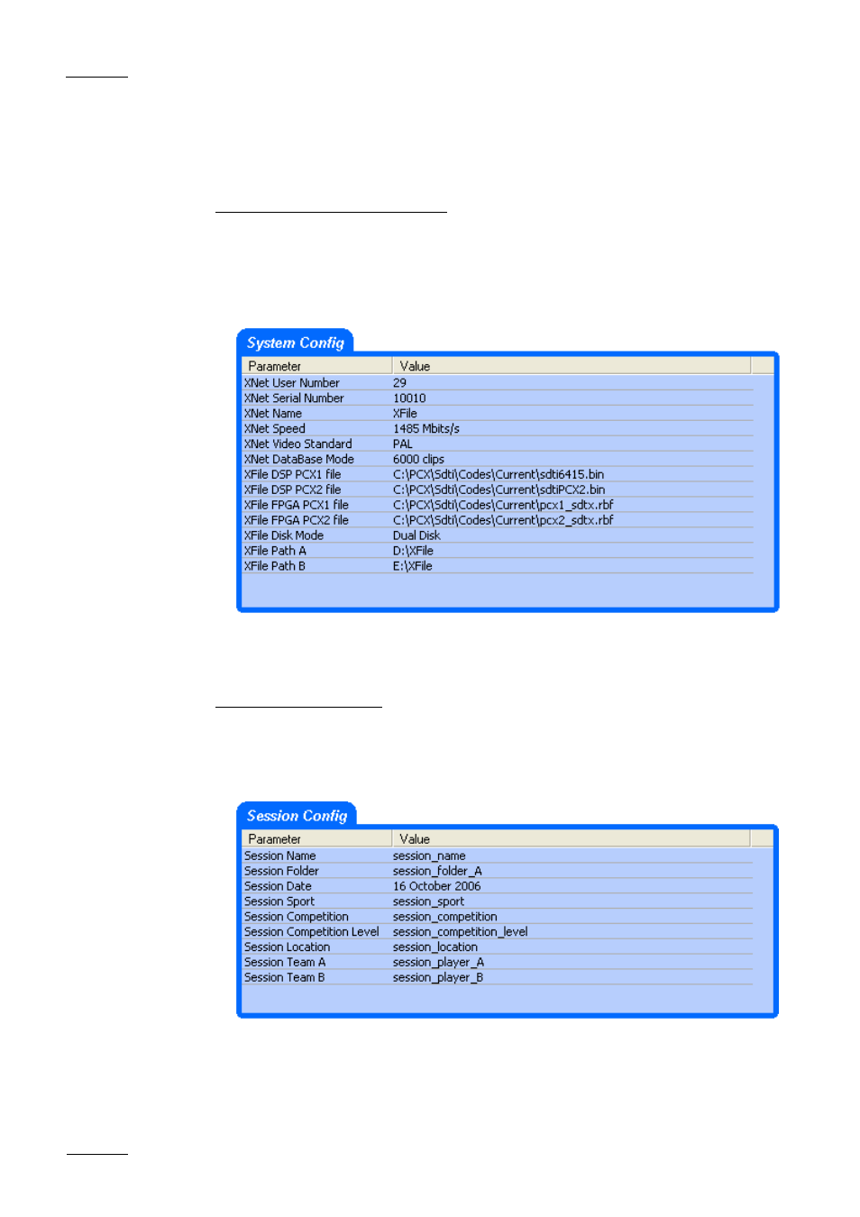 System configuration area, Session config area | EVS Xfile Version 1.11 - April 2007 User Manual User Manual | Page 15 / 99
