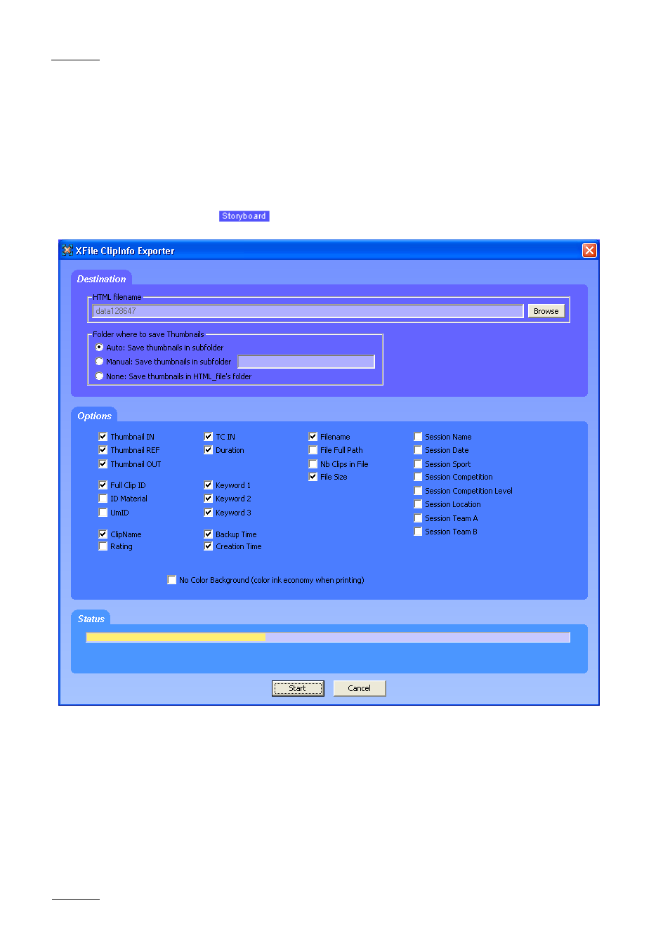 Export data to html file (storyboard) | EVS Xfile Version 1.11 - April 2007 User Manual User Manual | Page 97 / 99