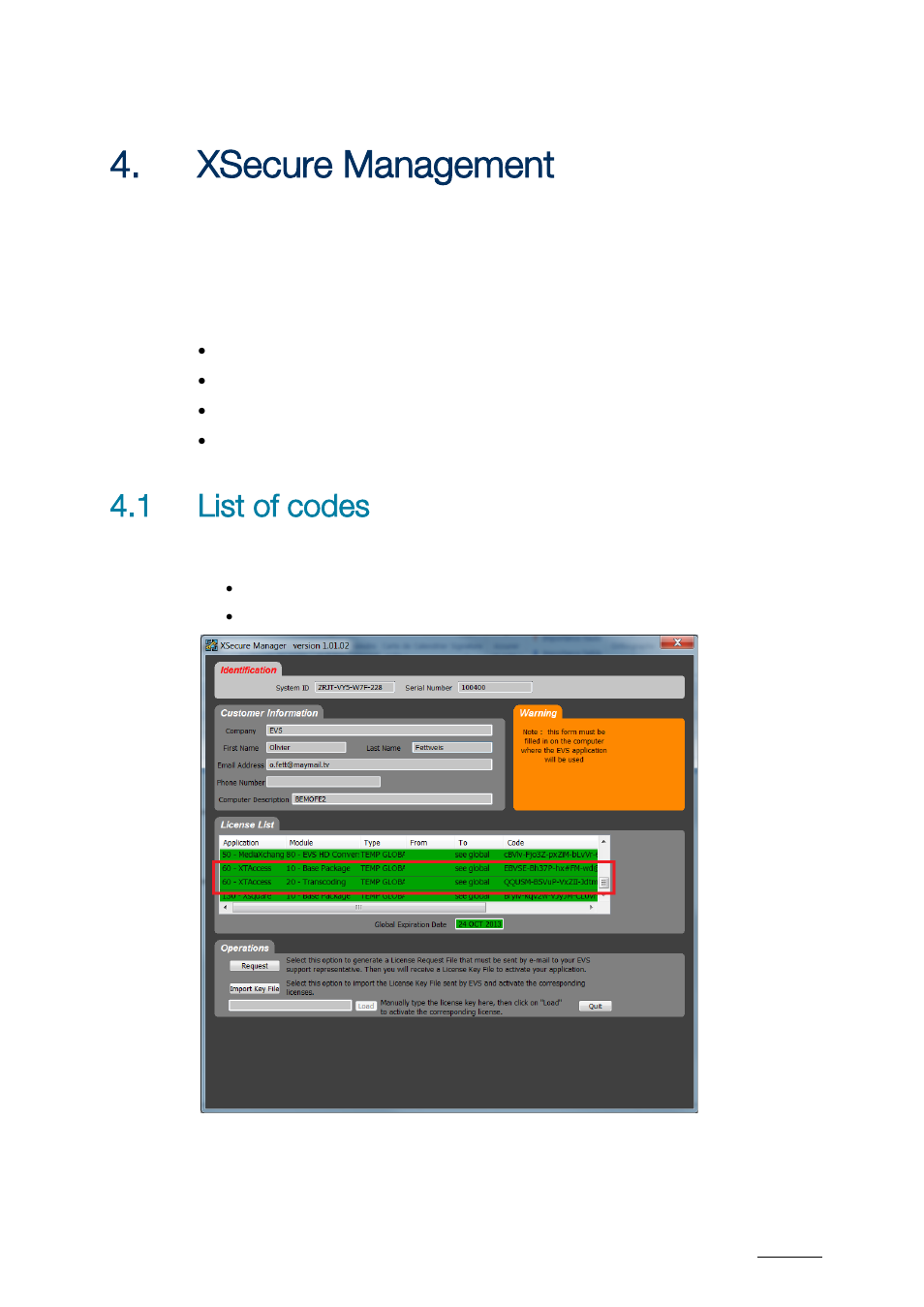 Xsecure management, 1 list of codes, Ecure | Anagement, List of codes | EVS XTAccess Version 1.17 - May 2012 User Manual User Manual | Page 17 / 107