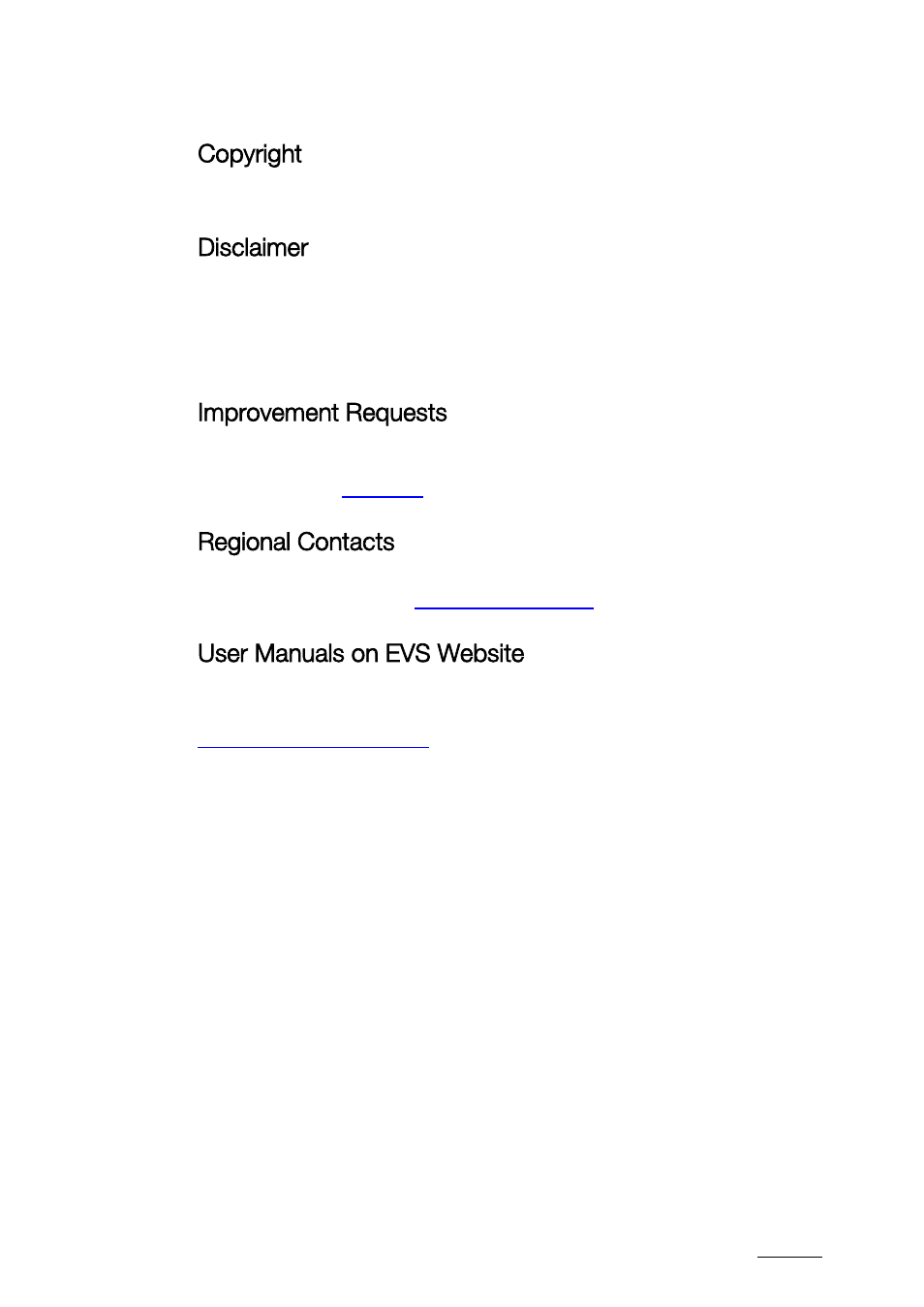 Copyright, Disclaimer, Improvement requests | Regional contacts, User manuals on evs website | EVS XTAccess Version 1.17 - May 2012 User Manual User Manual | Page 3 / 107