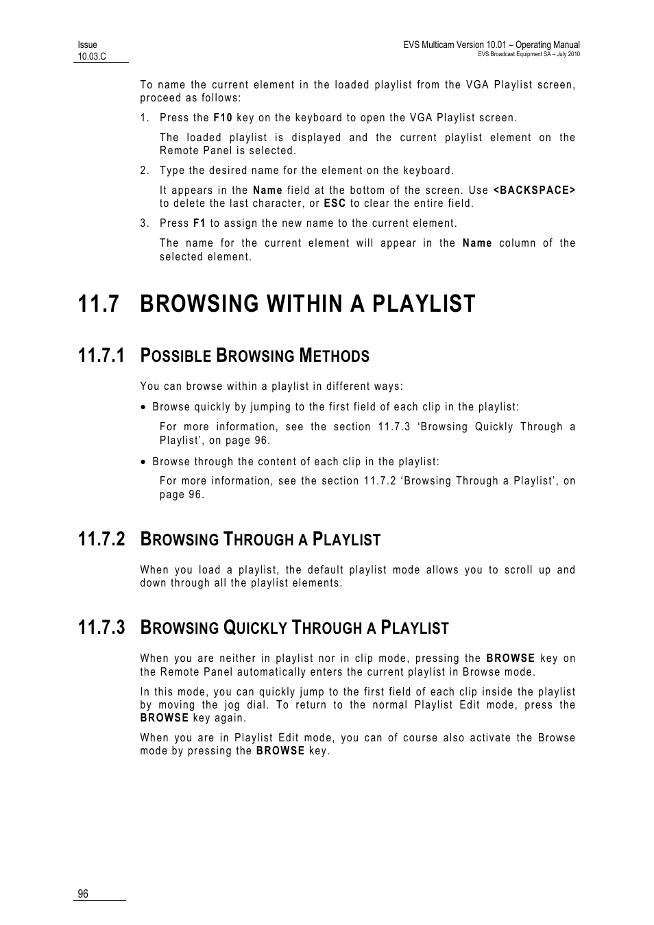 7 browsing within a playlist, 1 possible browsing methods, 2 browsing through a playlist | 3 browsing quickly through a playlist, List | EVS MulticamLSM Version 10.03 - July 2010 Operating Manual User Manual | Page 105 / 195