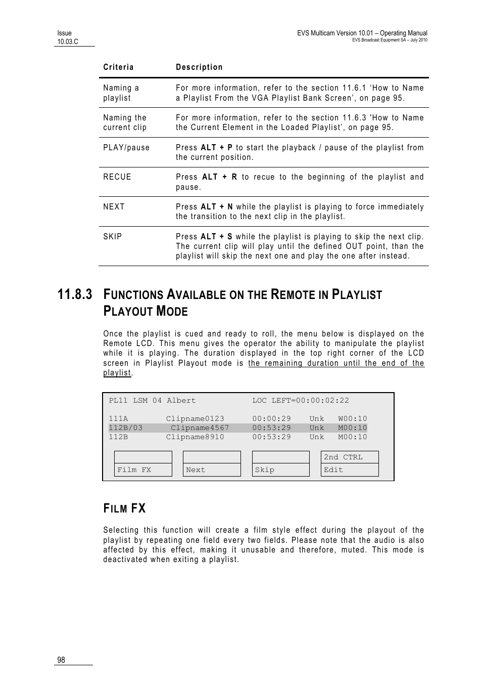 Film fx, Mode, Unctions | Vailable on the, Emote in, Laylist, Layout | EVS MulticamLSM Version 10.03 - July 2010 Operating Manual User Manual | Page 107 / 195