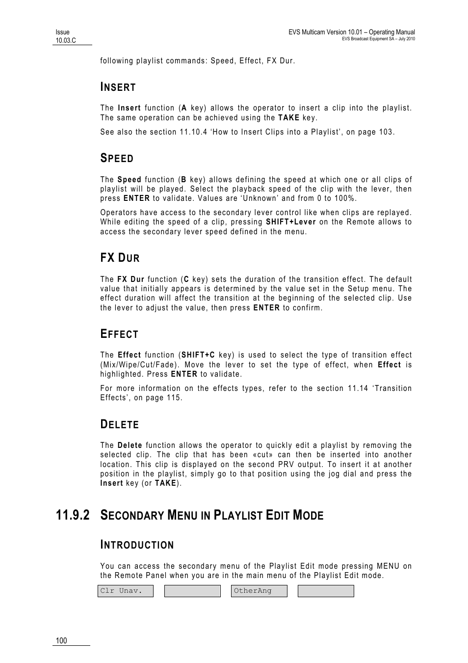 Insert, Speed, Fx dur | Effect, Delete, 2 secondary menu in playlist edit mode, Introduction | EVS MulticamLSM Version 10.03 - July 2010 Operating Manual User Manual | Page 109 / 195
