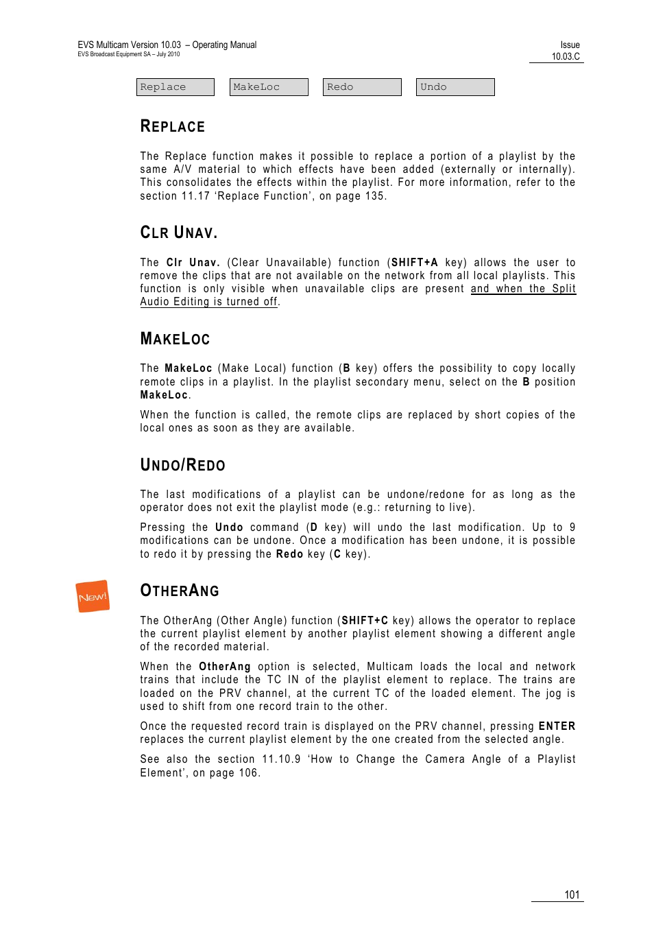 Replace, Clr unav, Makeloc | Undo/redo, Otherang | EVS MulticamLSM Version 10.03 - July 2010 Operating Manual User Manual | Page 110 / 195