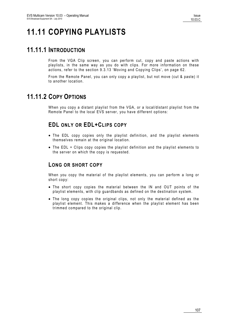 11 copying playlists, 1 introduction, 2 copy options | Edl only or edl+clips copy, Long or short copy, Aylists, Copying playlists, Edl+c | EVS MulticamLSM Version 10.03 - July 2010 Operating Manual User Manual | Page 116 / 195