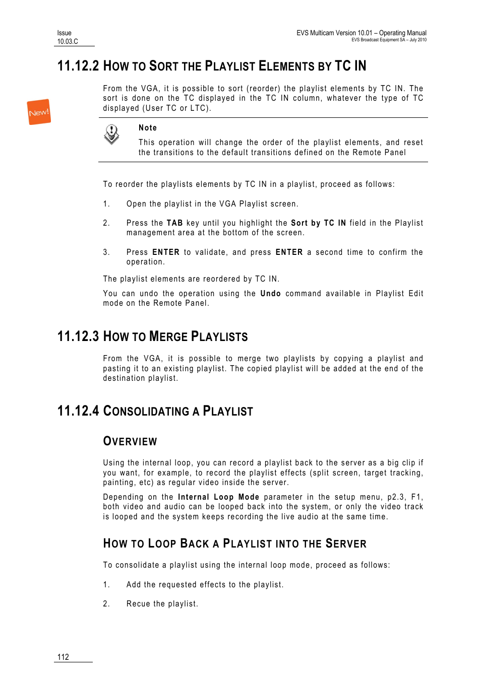 How to sort the playlist elements by tc in, 3 how to merge playlists, 4 consolidating a playlist | Overview, How to loop back a playlist into the server, Playlists | EVS MulticamLSM Version 10.03 - July 2010 Operating Manual User Manual | Page 121 / 195