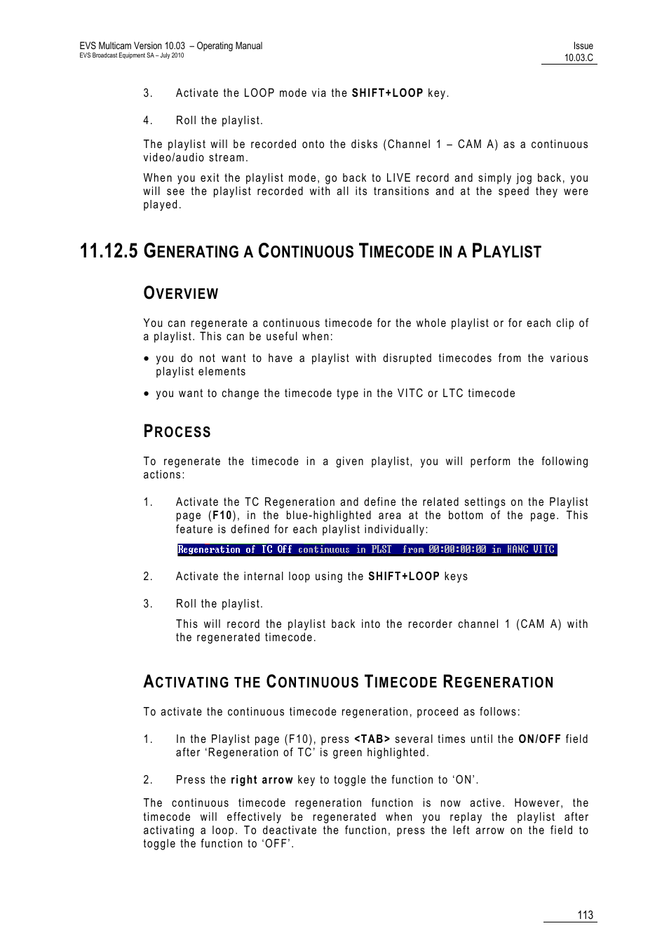 5 generating a continuous timecode in a playlist, Overview, Process | Activating the continuous timecode regeneration, Enerating a, Ontinuous, Imecode in a, Laylist | EVS MulticamLSM Version 10.03 - July 2010 Operating Manual User Manual | Page 122 / 195