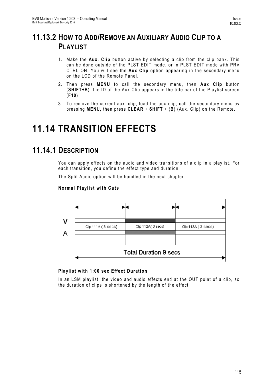 14 transition effects, 1 description, Normal playlist with cuts | Playlist with 1:00 sec effect duration, 14 ‘transition effects | EVS MulticamLSM Version 10.03 - July 2010 Operating Manual User Manual | Page 124 / 195