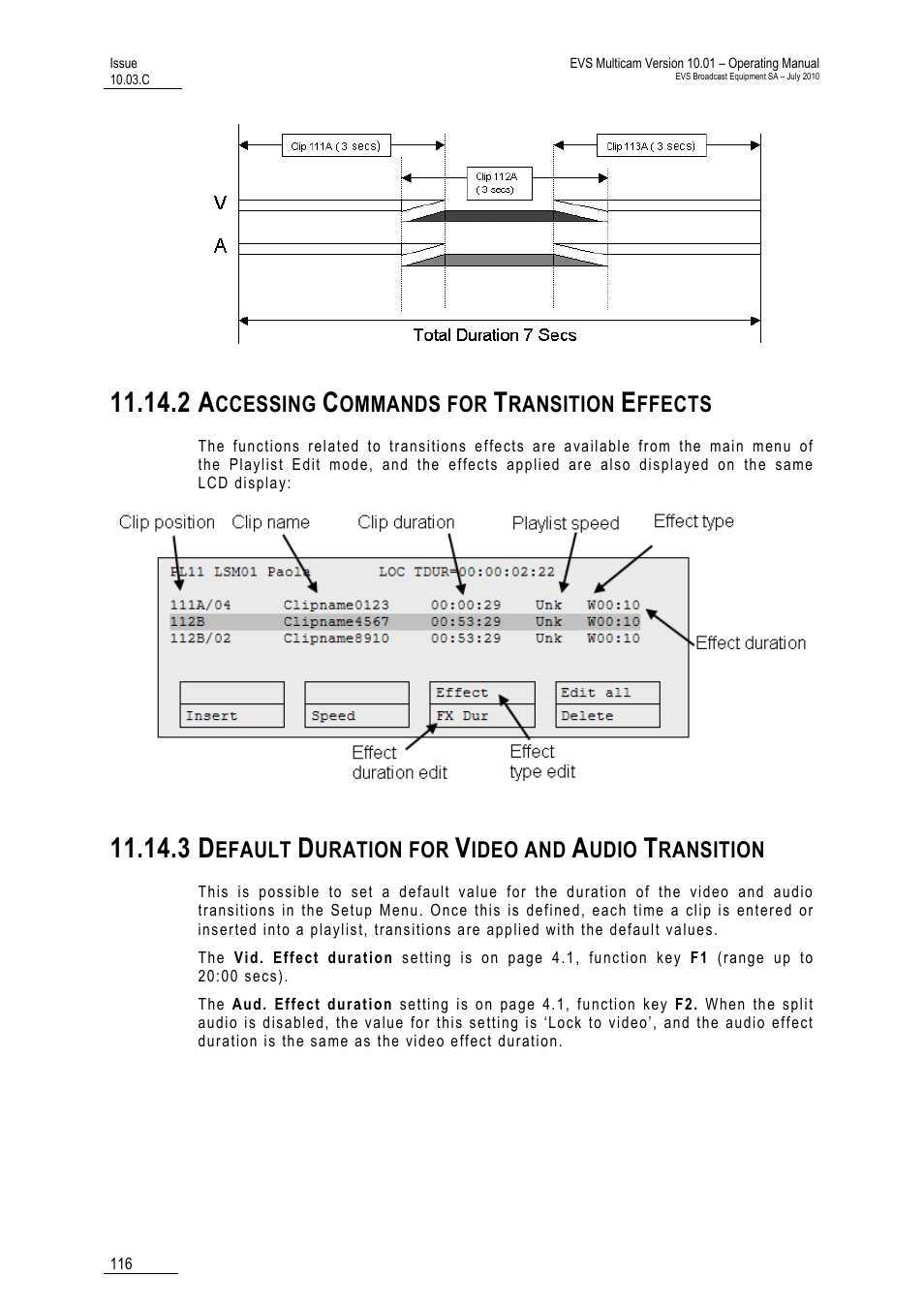 2 accessing commands for transition effects, 3 default duration for video and audio transition, Effects | Sition | EVS MulticamLSM Version 10.03 - July 2010 Operating Manual User Manual | Page 125 / 195