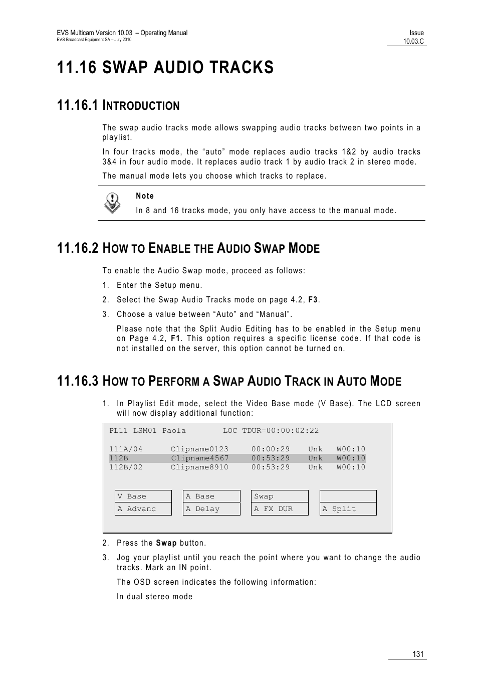 16 swap audio tracks, 1 introduction, 2 how to enable the audio swap mode | 3 how to perform a swap audio track in auto mode, Mode, Ntroduction, Ow to, Nable the, Udio, Erform a | EVS MulticamLSM Version 10.03 - July 2010 Operating Manual User Manual | Page 140 / 195