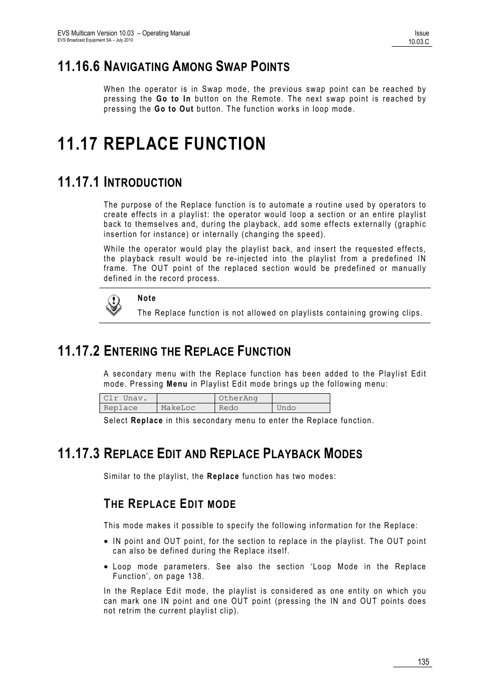 6 navigating among swap points, 17 replace function, 1 introduction | 2 entering the replace function, 3 replace edit and replace playback modes, The replace edit mode, Unction, Tion, 17 ‘replace function | EVS MulticamLSM Version 10.03 - July 2010 Operating Manual User Manual | Page 144 / 195