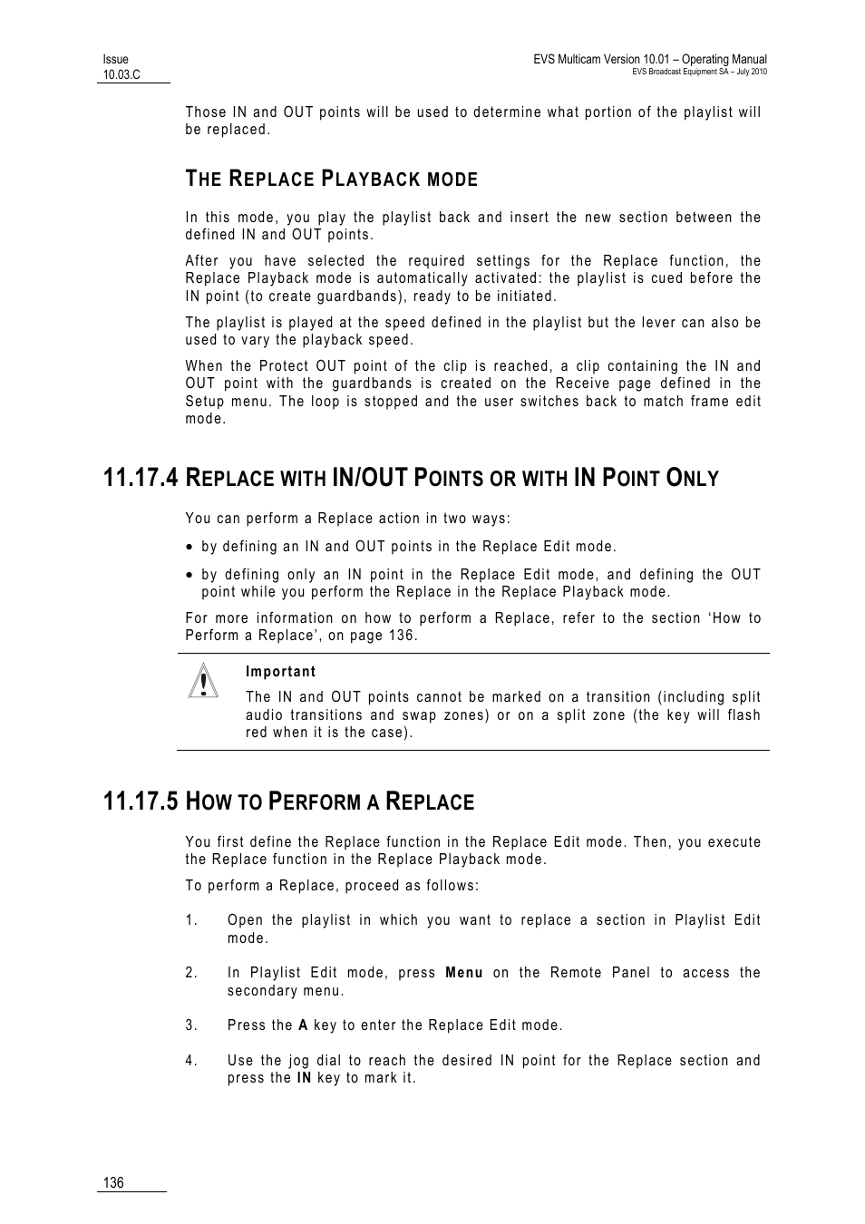 The replace playback mode, 4 replace with in/out points or with in point only, 5 how to perform a replace | In/out | EVS MulticamLSM Version 10.03 - July 2010 Operating Manual User Manual | Page 145 / 195