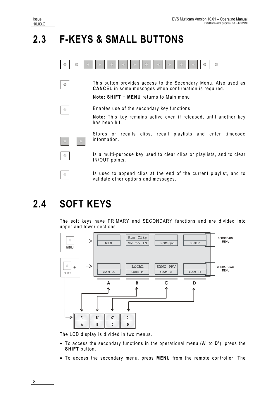 3 f-keys & small buttons, 4 soft keys, Buttons | EVS MulticamLSM Version 10.03 - July 2010 Operating Manual User Manual | Page 17 / 195