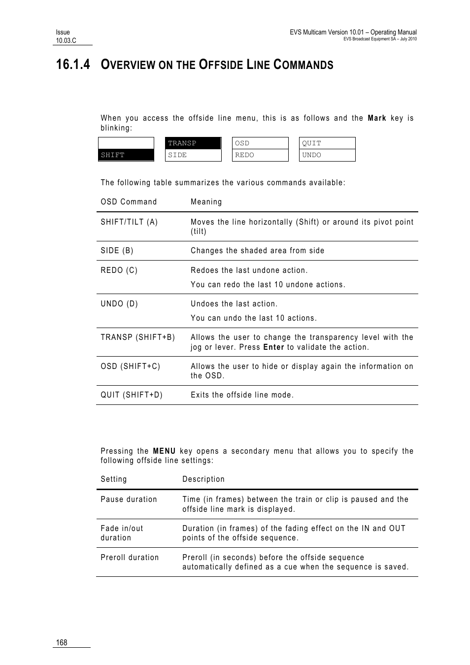 4 overview on the offside line commands, Main menu, Secondary menu | Mmands, Verview on the, Ffside, Ommands | EVS MulticamLSM Version 10.03 - July 2010 Operating Manual User Manual | Page 177 / 195