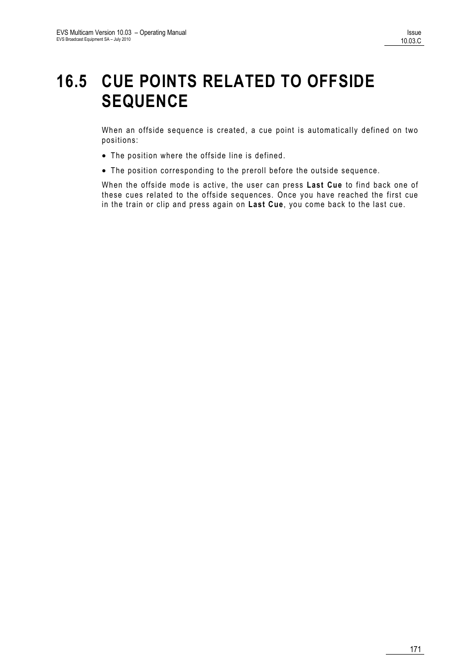 5 cue points related to offside sequence, Sequence | EVS MulticamLSM Version 10.03 - July 2010 Operating Manual User Manual | Page 180 / 195
