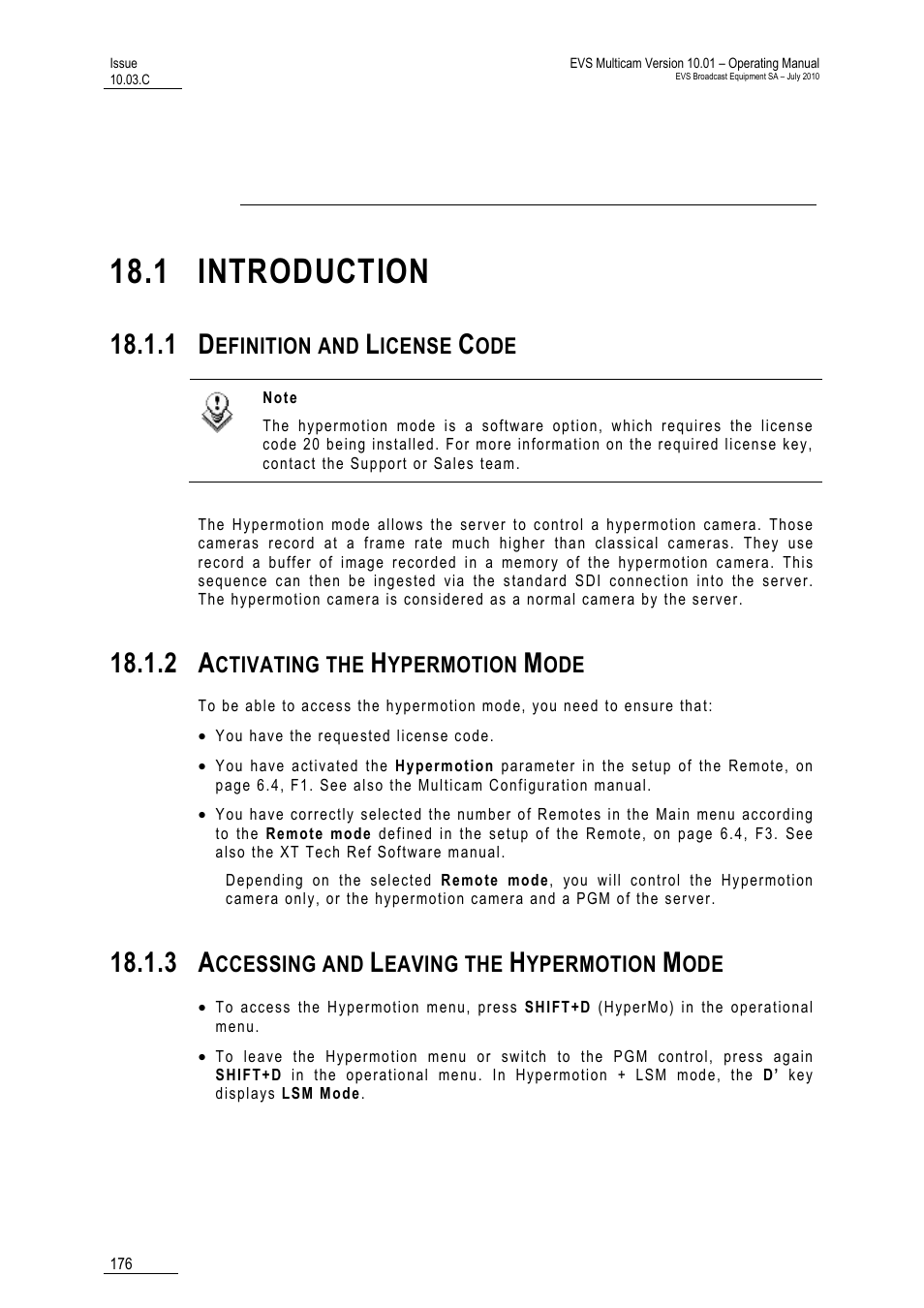 Hypermotion mode, 1 introduction, 1 definition and license code | 2 activating the hypermotion mode, 3 accessing and leaving the hypermotion mode | EVS MulticamLSM Version 10.03 - July 2010 Operating Manual User Manual | Page 185 / 195