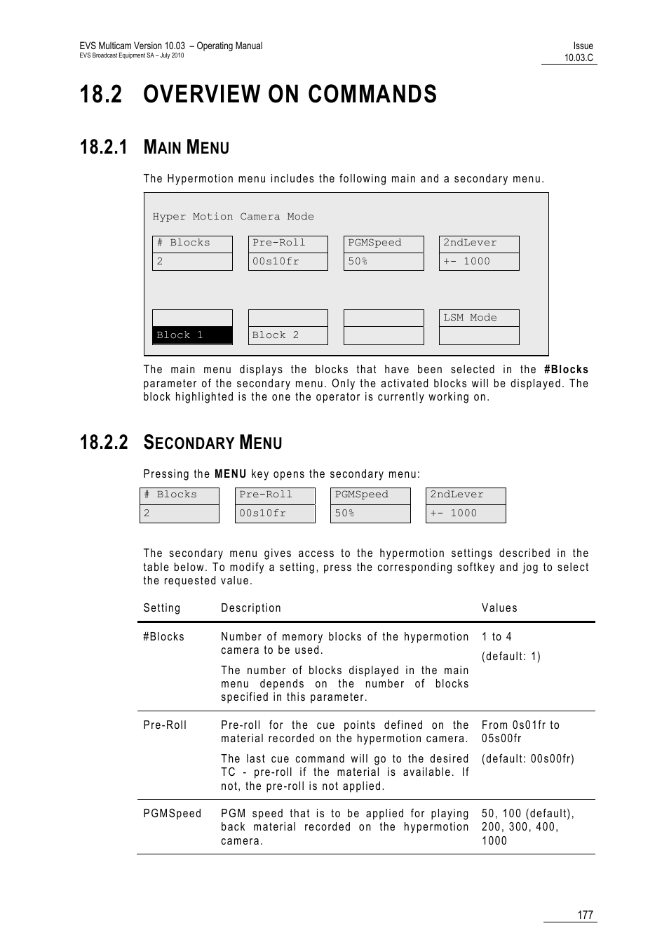2 overview on commands, 1 main menu, 2 secondary menu | Menu, Econdary | EVS MulticamLSM Version 10.03 - July 2010 Operating Manual User Manual | Page 186 / 195