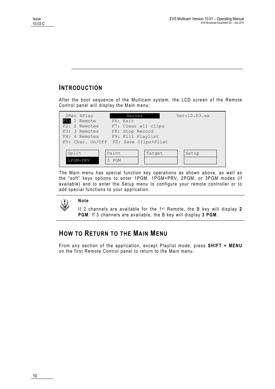 Main menu, Introduction, How to return to the main menu | EVS MulticamLSM Version 10.03 - July 2010 Operating Manual User Manual | Page 19 / 195