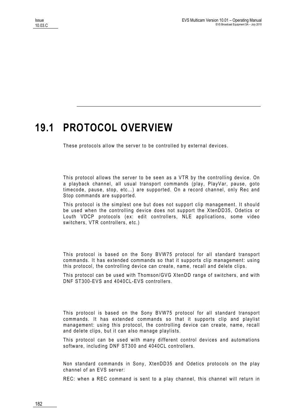 Sony, xtendd35, odetics & vdcp protocols, 1 protocol overview, Sony bvw75 protocol | Xtendd35 protocol, Odetics protocol, Verview | EVS MulticamLSM Version 10.03 - July 2010 Operating Manual User Manual | Page 191 / 195