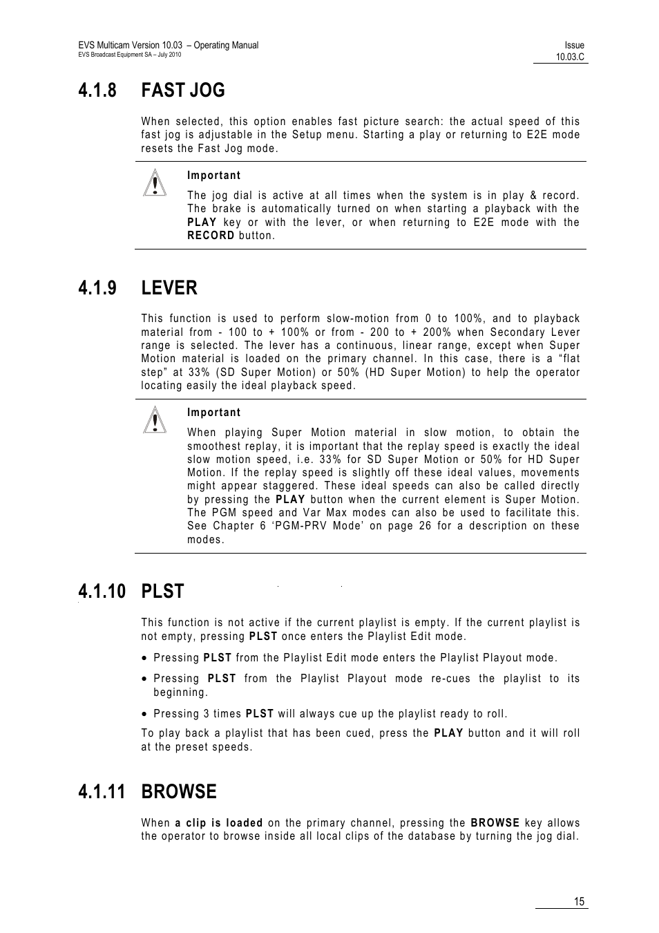 8 fast jog, 9 lever, Plst | 11 browse, 8 fast, 10 plst | EVS MulticamLSM Version 10.03 - July 2010 Operating Manual User Manual | Page 24 / 195