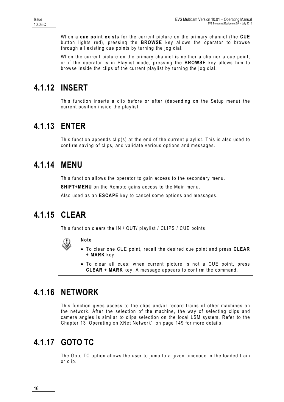 12 insert, 13 enter, 14 menu | 15 clear, 16 network, 17 goto tc, Network, 17 goto | EVS MulticamLSM Version 10.03 - July 2010 Operating Manual User Manual | Page 25 / 195