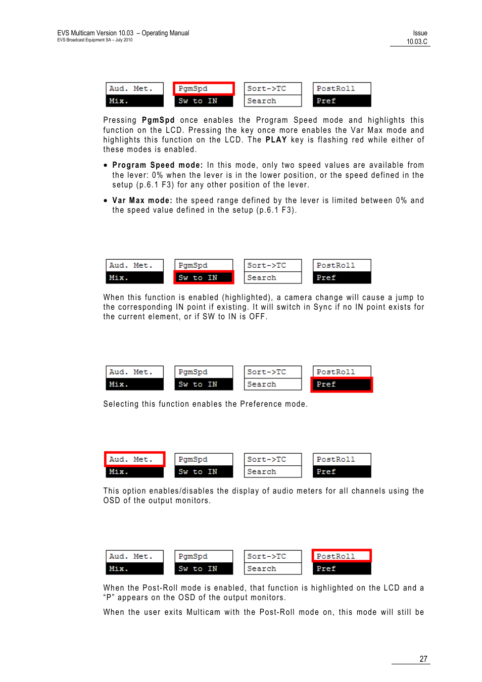 Pgmspd/varmax, Sw to in, Pref | Aud.met, Postroll | EVS MulticamLSM Version 10.03 - July 2010 Operating Manual User Manual | Page 36 / 195