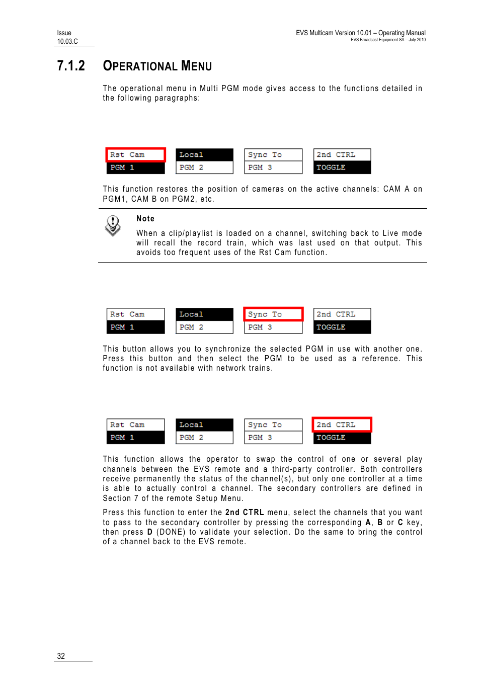 2 operational menu, Rst cam, Sync to | 2nd ctrl, Perational | EVS MulticamLSM Version 10.03 - July 2010 Operating Manual User Manual | Page 41 / 195