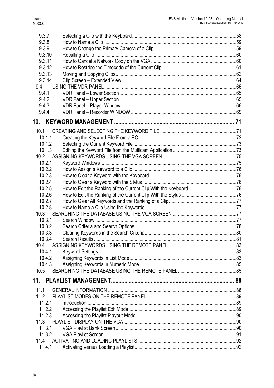 Keyword management, Playlist management | EVS MulticamLSM Version 10.03 - July 2010 Operating Manual User Manual | Page 5 / 195