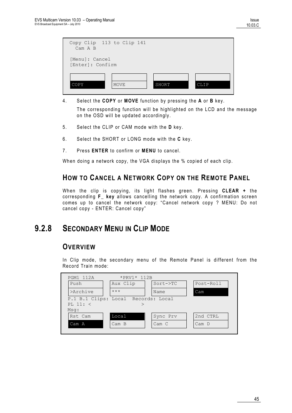 How to cancel a network copy on the remote panel, 8 secondary menu in clip mode, Overview | Econdary, Enu in | EVS MulticamLSM Version 10.03 - July 2010 Operating Manual User Manual | Page 54 / 195