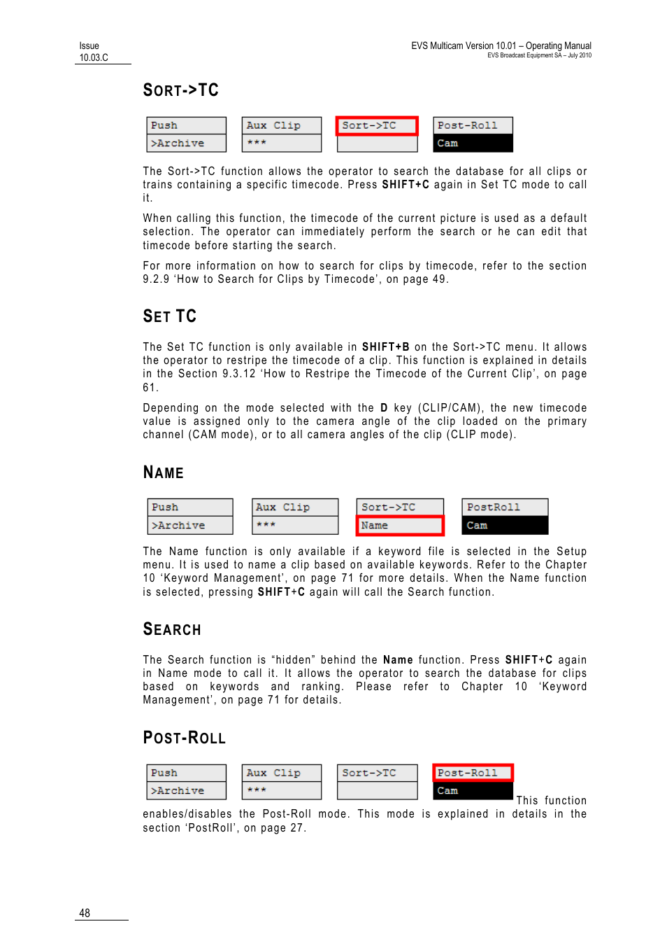 Sort->tc, Set tc, Name | Search, Post-roll, Sort->tc’, on | EVS MulticamLSM Version 10.03 - July 2010 Operating Manual User Manual | Page 57 / 195