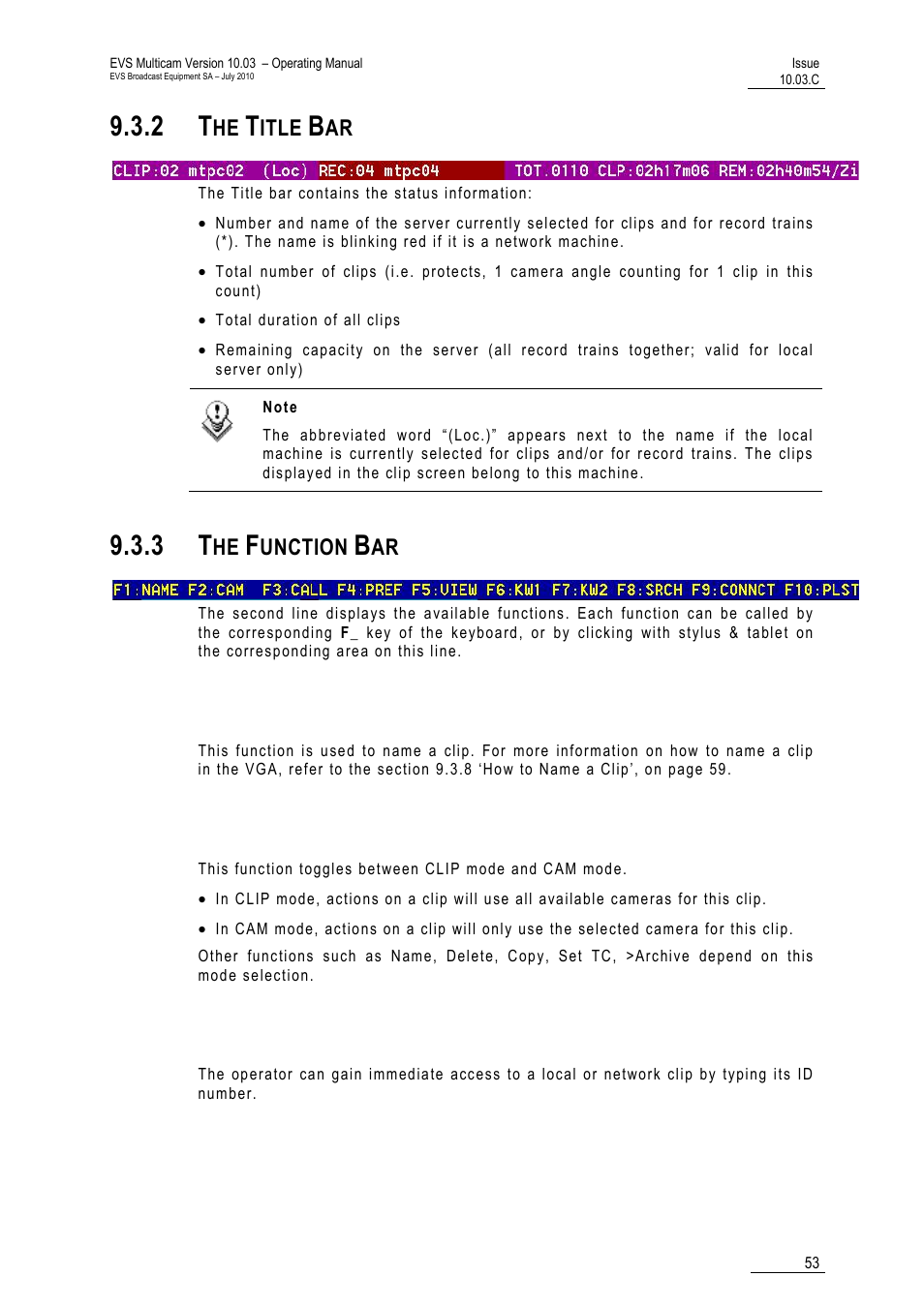 2 the title bar, 3 the function bar, F1: name | F2: clip/cam, F3: call, F4: pref, Itle, Unction | EVS MulticamLSM Version 10.03 - July 2010 Operating Manual User Manual | Page 62 / 195