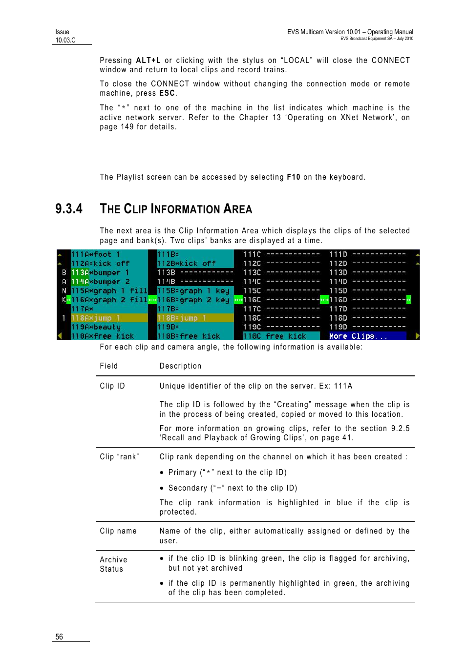 F0:playlist, 4 the clip information area, Nformation | EVS MulticamLSM Version 10.03 - July 2010 Operating Manual User Manual | Page 65 / 195
