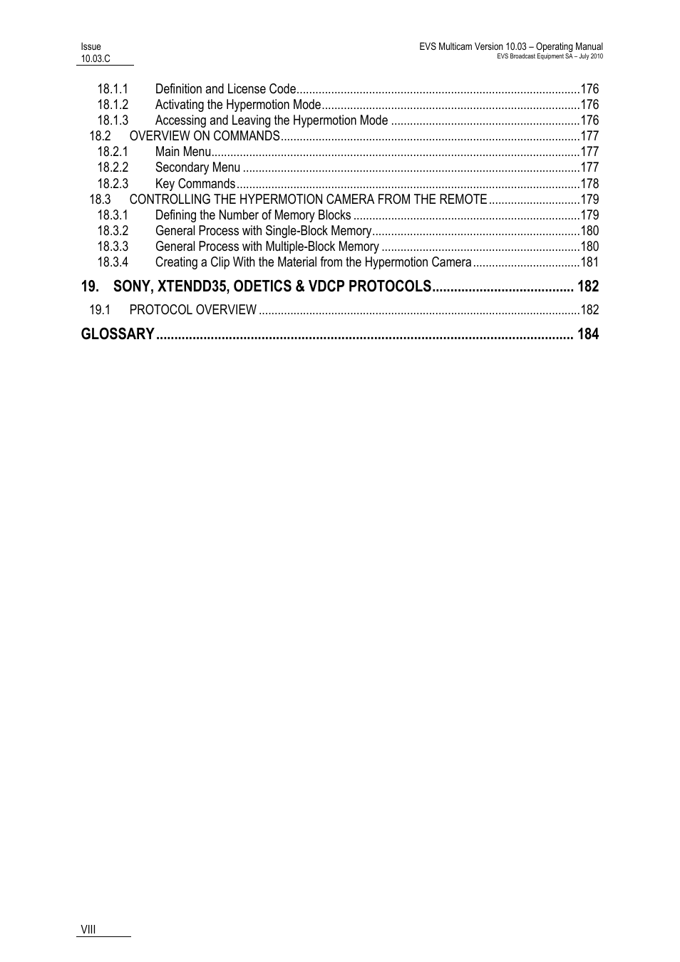 Sony, xtendd35, odetics & vdcp protocols, Glossary | EVS MulticamLSM Version 10.03 - July 2010 Operating Manual User Manual | Page 9 / 195