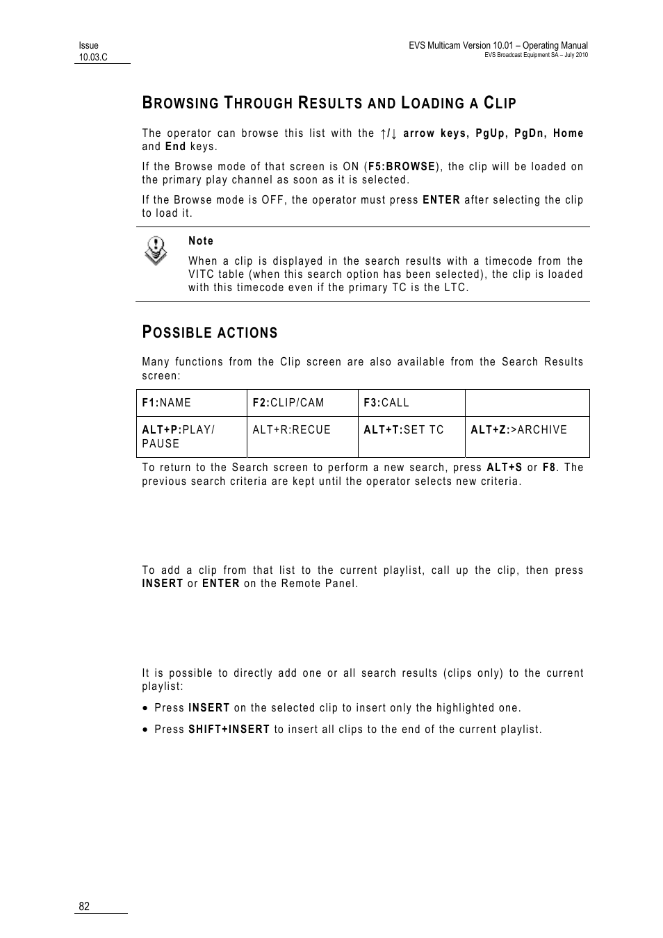 Browsing through results and loading a clip, Possible actions | EVS MulticamLSM Version 10.03 - July 2010 Operating Manual User Manual | Page 91 / 195