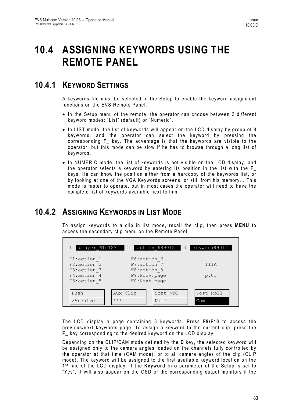 4 assigning keywords using the remote panel, 1 keyword settings, 2 assigning keywords in list mode | Panel, Ttings, Eyword, Ettings, Ssigning, Eywords in | EVS MulticamLSM Version 10.03 - July 2010 Operating Manual User Manual | Page 92 / 195