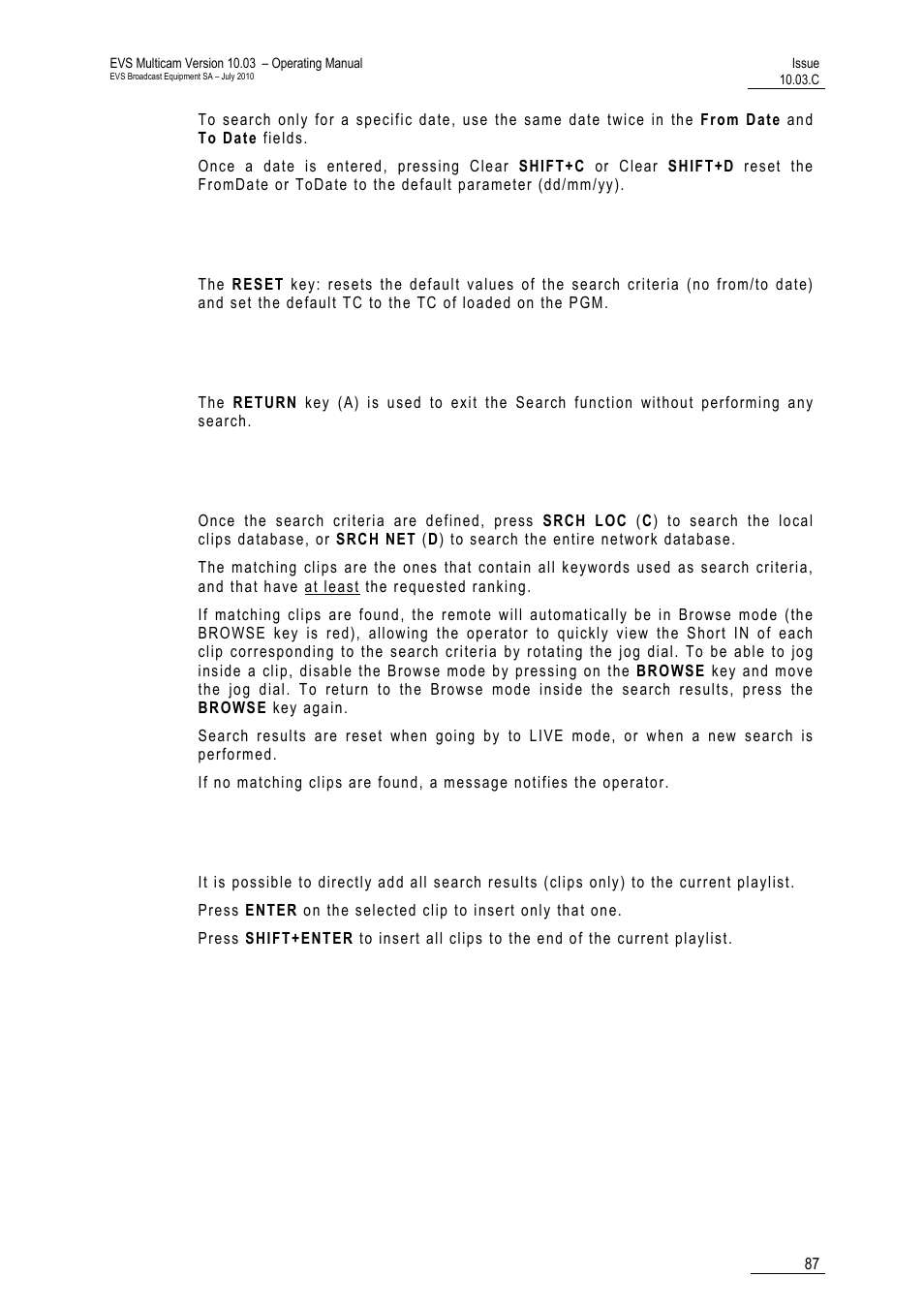 Reset, Return, Search loc / search net | Adding the search results to the current playlist | EVS MulticamLSM Version 10.03 - July 2010 Operating Manual User Manual | Page 96 / 195