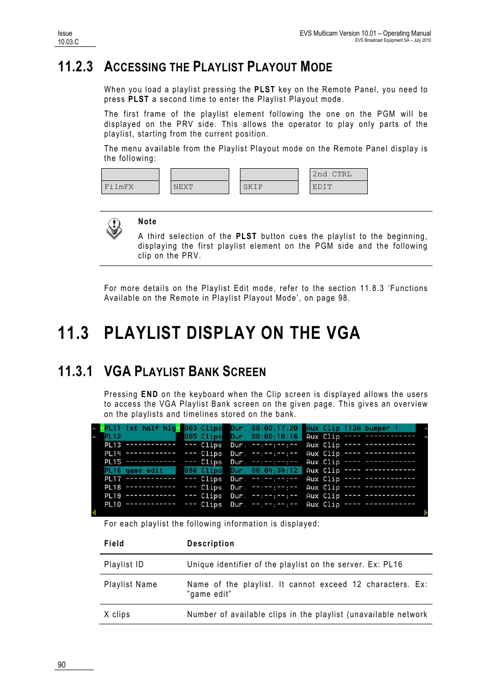 3 accessing the playlist playout mode, 3 playlist display on the vga, 1 vga playlist bank screen | 1 vga, Ccessing the, Laylist, Layout, Creen | EVS MulticamLSM Version 10.03 - July 2010 Operating Manual User Manual | Page 99 / 195