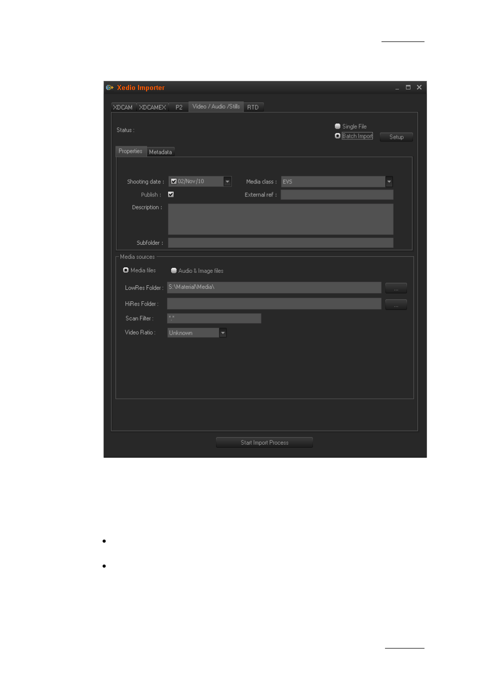 Batch import, 3 setup, Setup | EVS XEDIO Importer Version 4.1 - December 2011 User Manual User Manual | Page 25 / 36