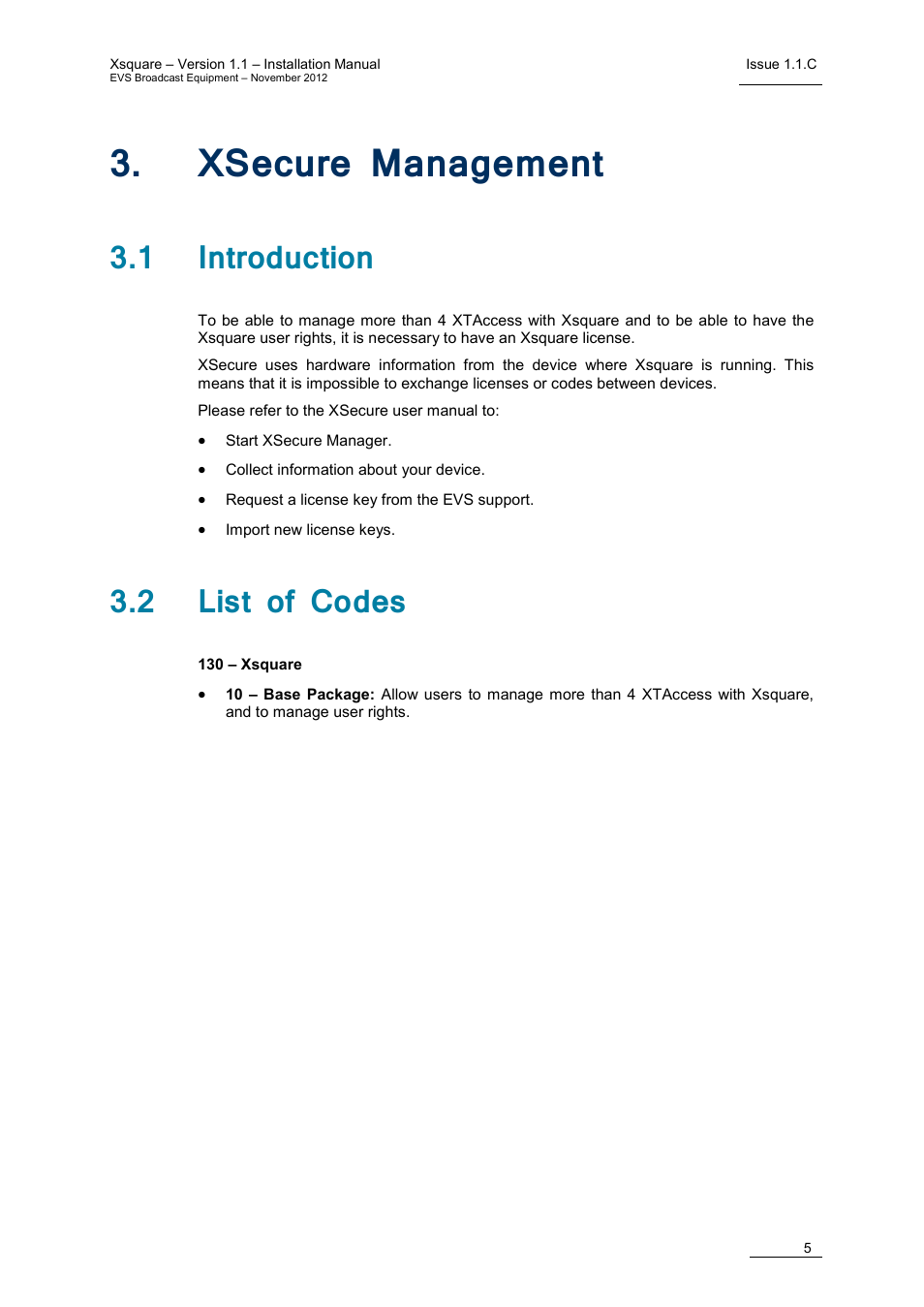 Xsecure management, 1 introduction, 2 list of codes | Ecure, Anagement | EVS Xsquare Version 1.1 - November 2012 Installation Manual User Manual | Page 11 / 13